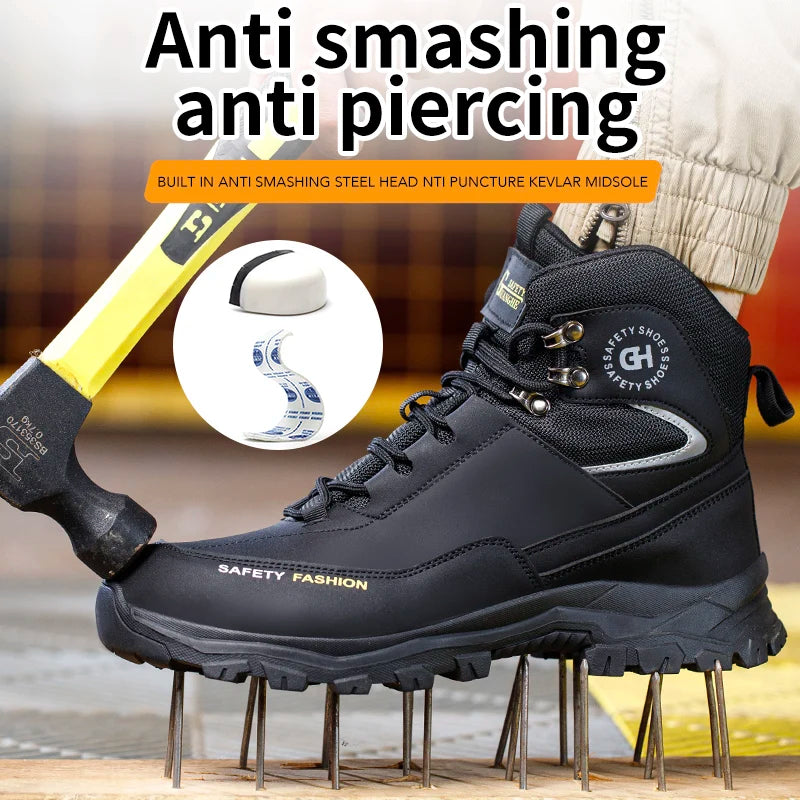 Sapatos de segurança masculinos com biqueira de aço botas impermeáveis à prova de punção anti-esmagamento tênis de trabalho ao ar livre sapatos de trabalho de construção