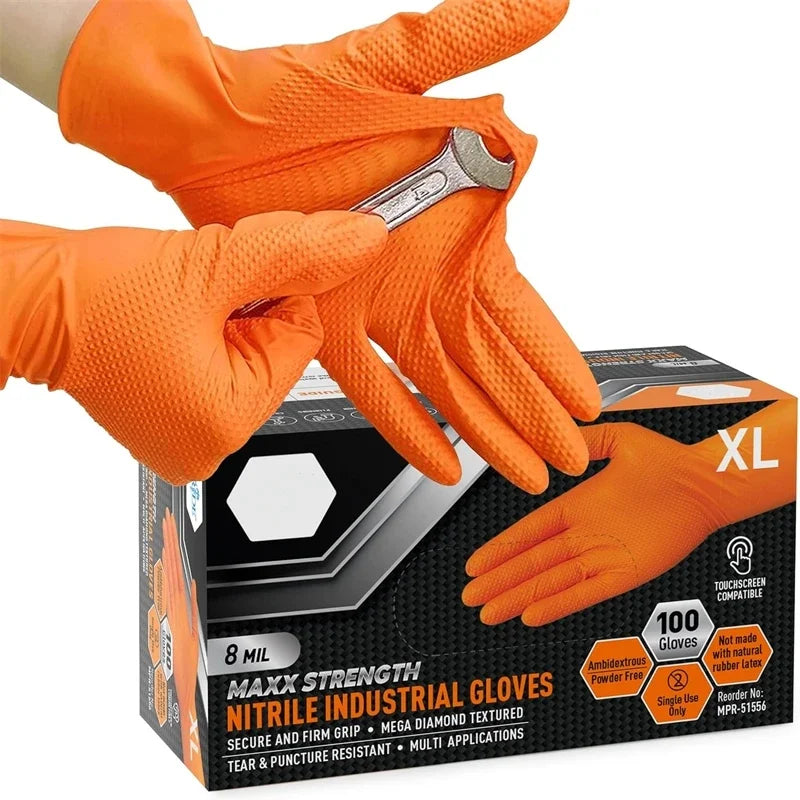 Luvas de Nitrilo Laranja 8mil – Textura Diamante, Alta Resistência, Sem Látex (50 unid.)